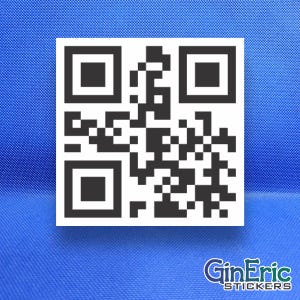 May include: A white and black QR code sticker with a complex pattern of squares and rectangles. The sticker is on a blue background. The sticker has the text "GinEric STICKERS" in green and white.