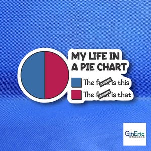 May include: A sticker with a pie chart design, split evenly between blue and red. Text reads "MY LIFE IN A PIE CHART" with censored phrases. The sticker has a white border and a blue background.