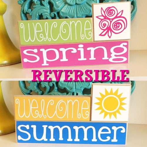 Welcome Spring Welcome Summer Blocks Reversible Wood Sign - Etsy