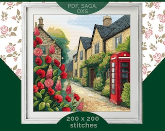 May include: Cross-stitch art of a quaint village scene with stone buildings, a red telephone booth, and vibrant red flowers. The artwork is framed in a white square frame. The text "200 x 200 stitches" is visible at the bottom.