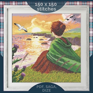 May include: Cross-stitch art of a person in a green shawl overlooking a sunset over the water. The image includes text that reads "150 x 150 stitches" and "PDF, SAGA, DIZE". The scene includes seagulls and purple thistles.