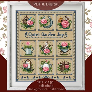 Puede incluir: Un muestrario de punto de cruz enmarcado con un tema de jardín. El diseño presenta nueve cuadrados con imágenes de rosas, pájaros y herramientas de jardín. El texto "Quiet Garden Joy" está centrado. El muestrario está enmarcado en un marco blanco.