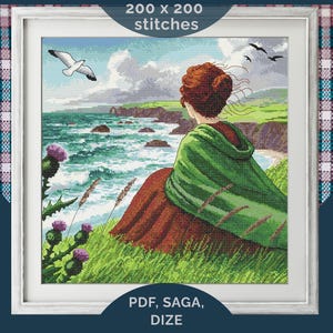 Scottish Landscape Cross Stitch Pattern – Woman on the Cliffs, British Coast, Vintage X Stitch Chart, PDF & SAGA, 200x200
