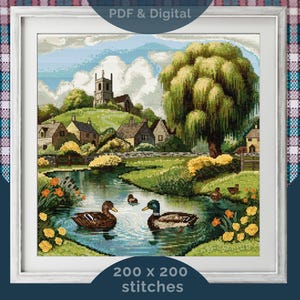 Patrón de punto de cruz Estanque con patos en los Cotswolds: Paisaje rural inglés (PDF y SAGA / 200x200 puntos)