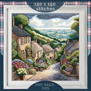 Patrón de punto de cruz de una casa de campo en los Cotswolds: Escena de un pueblo inglés (PDF y descarga digital SAGA, 150x150 puntos)