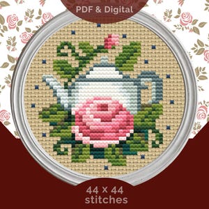 Tea Time mini-kruissteekpatroon: theepot en rozen (pdf en SAGA | steken 44 x 44)