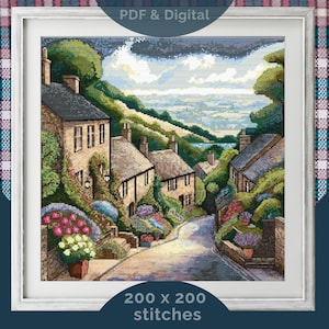 Wzór haftu krzyżykowego „Cotswolds Cottage”: krajobraz angielskiej wsi (PDF i SAGA | 200x200 ściegów)
