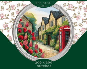 May include: A cross-stitch pattern featuring a quaint village scene with stone buildings, a red telephone box, and vibrant red flowers. The design is framed in a silver oval, with floral accents and text that reads "PDF, SAGA, OXS" and "200 x 200 stitches."