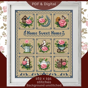 Home Sweet Home Cross Stitch Sampler – Easy Cottage Garden Pattern, Vintage Floral Embroidery PDF, Simple Counted Cross Stitch
