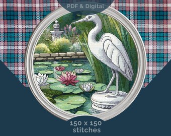 Victorian Garden Cross Stitch Pattern: English Countryside Design (PDF Download 150x150 Circle)