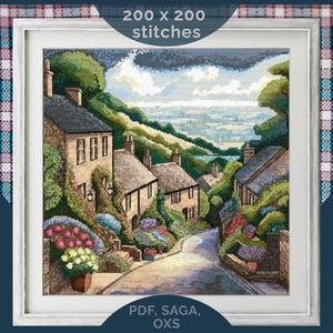 Cotswolds Cottage Cross Stitch Pattern: English Village Landscape (PDF & SAGA | 200x200 Stitches)