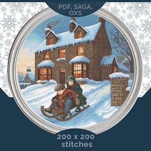 May include: A cross-stitch pattern depicting a winter scene with two children sledding down a snowy hill towards a house. The house has lit windows and snow on the roof. The image is framed with a silver border and snowflake background. Text: PDF, SAGA, OXS, 200 x 200 stitches.