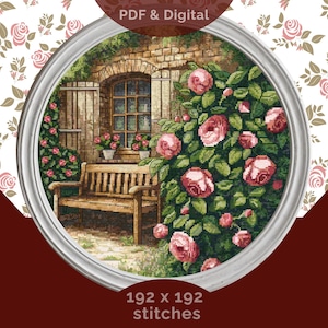 Bench and Window in Rose Garden – Cross Stitch Pattern PDF, Victorian English Garden, Countryside Cottage, Digital XStitch Design
