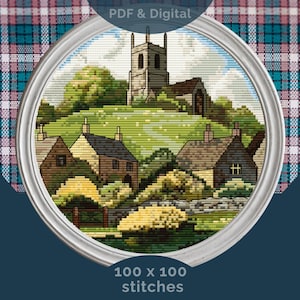 Wzór haftu krzyżykowego „Wieś”: Chatka w Cotswolds, kościół (plik PDF w wersji cyfrowej i do pobrania SAGA, 100 x 100 ściegów)