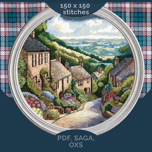 Cotswolds Cottage Cross Stitch Pattern: Rustic Village Landscape (PDF & SAGA Digital Download, 150x150 Stitches)
