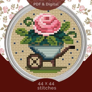Garten Schubkarre Kreuzstich Muster PDF - Sommer Blumen Warenkorb Stickerei, Mini Basic X Stitch Garten Design, sofort Download