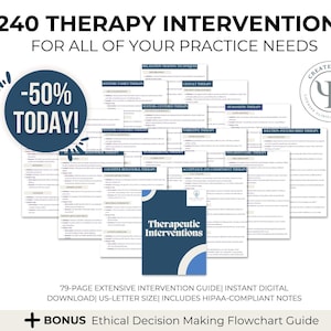 May include: A digital download of 79 pages of therapy interventions for mental health professionals. The document includes 240 interventions, a bonus ethical decision-making flowchart guide, and is HIPAA-compliant. The document is available for 50% off today.