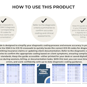 May include: A guide to using the DSM-5 to ICD-10 crosswalk for diagnostic coding. The guide includes a table with DSM-5 diagnoses and their corresponding ICD-10 codes. The guide is designed to simplify the diagnostic coding process and ensure accuracy in clinical work.