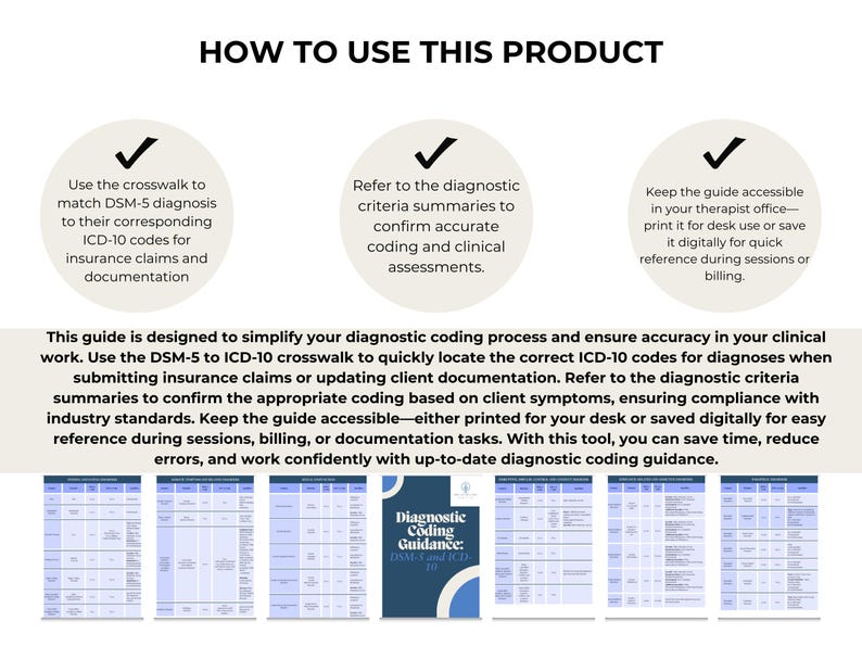 May include: A guide to using the DSM-5 to ICD-10 crosswalk for diagnostic coding. The guide includes a table with DSM-5 diagnoses and their corresponding ICD-10 codes. The guide is designed to simplify the diagnostic coding process and ensure accuracy in clinical work.