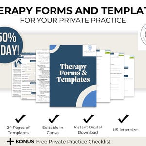 Puede incluir: Un gráfico azul y blanco con el texto "Therapy Forms & Templates" y el texto "FOR YOUR PRIVATE PRACTICE". El gráfico también incluye un icono de marca de verificación y el texto "24 Pages of Templates", "Editable in Canva", "Instant Digital Download", "US-letter size" y "+ BONUS Free Private Practice Checklist".