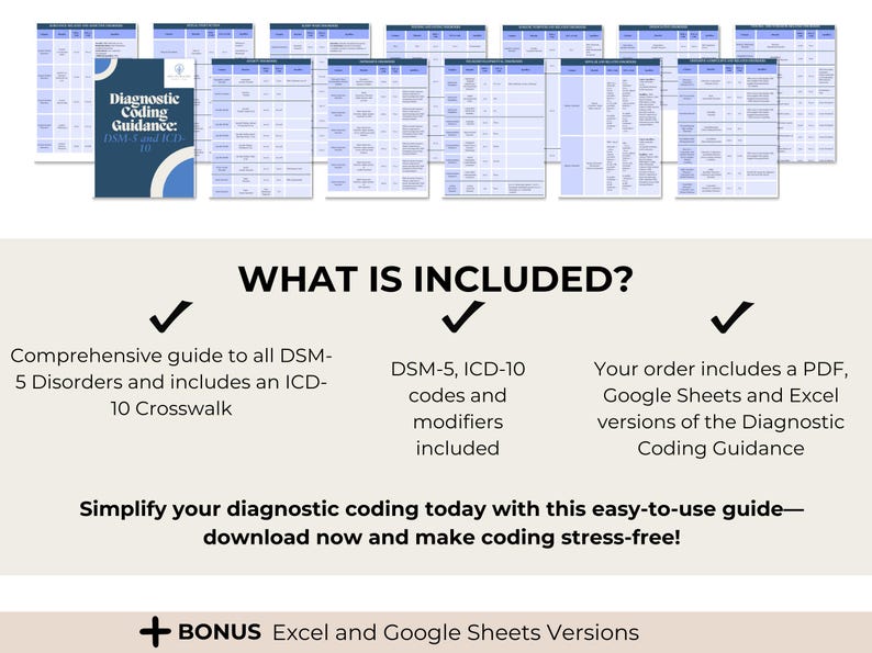 May include: A digital product listing for a guide to diagnostic coding. The guide includes DSM-5 and ICD-10 codes and modifiers. It is available in PDF, Google Sheets, and Excel formats. The text "Diagnostic Coding Guidance" is visible on the cover of the guide.
