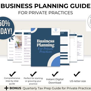 Może przedstawiać: Niebieski i biały przewodnik planowania biznesowego dla prywatnych praktyk. Przewodnik zawiera sekcje dotyczące biznesu, realizacji, operacji i marketingu. Przewodnik jest dostępny do natychmiastowego pobrania w formacie cyfrowym i ma rozmiar listu US. Dołączony jest również bonusowy kwartalny przewodnik przygotowania podatkowego dla prywatnych praktyk.