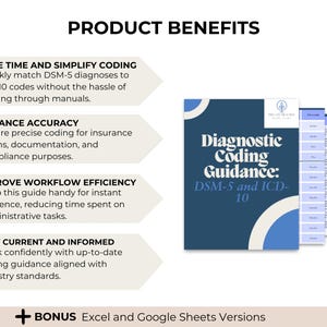 May include: A blue and white graphic with the text "Diagnostic Coding Guidance: DSM-5 and ICD-10" and a list of product benefits: save time and simplify coding, enhance accuracy, improve workflow efficiency, and stay current and informed.  The graphic also includes the text "+ BONUS Excel and Google Sheets Versions".