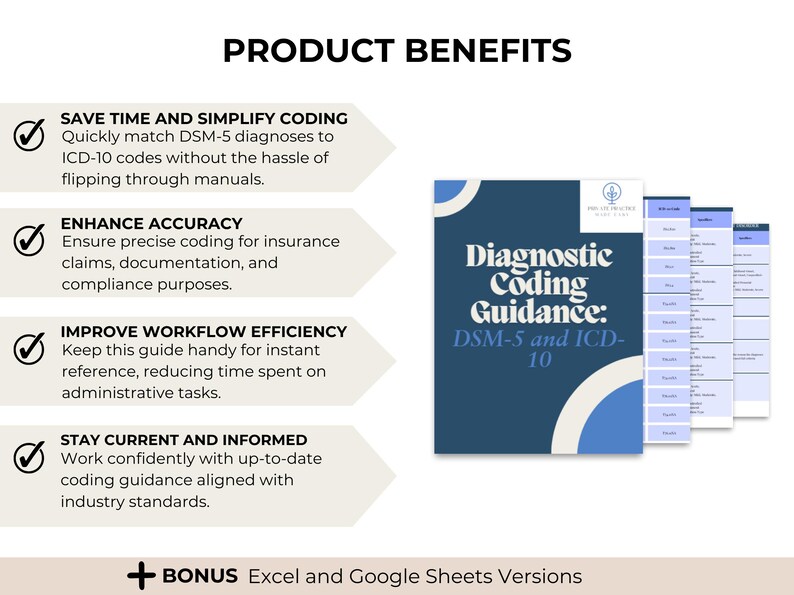 May include: A blue and white graphic with the text "Diagnostic Coding Guidance: DSM-5 and ICD-10" and a list of product benefits: save time and simplify coding, enhance accuracy, improve workflow efficiency, and stay current and informed.  The graphic also includes the text "+ BONUS Excel and Google Sheets Versions".