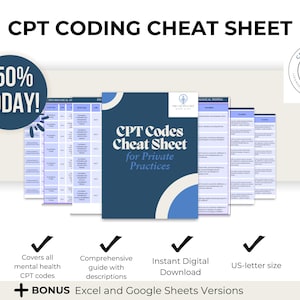 Puede incluir: Una hoja de trucos azul y blanca para los códigos CPT para prácticas privadas. La hoja de trucos incluye una tabla de códigos y descripciones. El texto "CPT Codes Cheat Sheet for Private Practices" está en letras grandes y negritas. El texto "-50% TODAY!" está en un círculo rojo. El texto "+ BONUS Excel and Google Sheets Versions" está en texto negro.