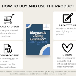 May include: A blue and white digital download guide for diagnostic coding with the text "Diagnostic Coding Guidance: DSM-5 and ICD-10". The guide is shown with four steps to purchase and use the product: 1. Place an order, 2. Download file, 3. Ready to use, 4. Enjoy.