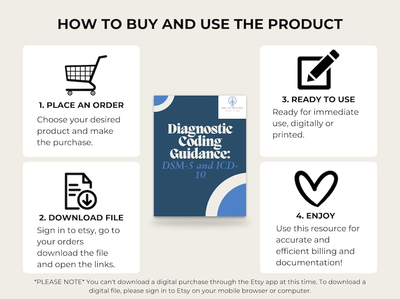 May include: A blue and white digital download guide for diagnostic coding with the text "Diagnostic Coding Guidance: DSM-5 and ICD-10". The guide is shown with four steps to purchase and use the product: 1. Place an order, 2. Download file, 3. Ready to use, 4. Enjoy.