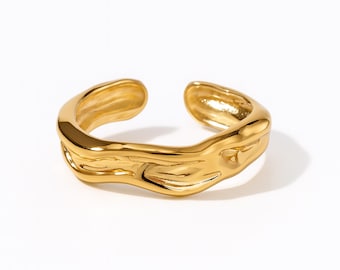 Biologische gouden ring, sculpturale statementring, verstelbare ring, waterdichte gouden ring, niet-bezoedelende ring, abstracte ring, dikke gouden ring