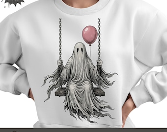Ghost on Swing PNG; Pink Halloween Ghost Clipart, Spooky Pumpkin Sublimation Design, Fall Aesthetic Digital Download PNG