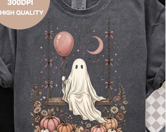 cute ghost on swing png,girly Fall PNG, Cute Halloween Sublimation, Autumn Shirt Design