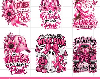 Könnte beinhalten: Eine Sammlung von sechs digitalen Grafikdesigns mit rosa Bewusstseinsschleifen, Sonnenblumen, Schmetterlingen, einer Baseballkappe, einem Geist und einem Lastwagen, die alle den Text In October We Wear Pink in verschiedenen dekorativen Schriftarten enthalten.