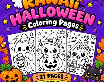 Może przedstawiać: Cyfrowa okładka kolorowanki zatytułowana Kawaii Halloween Coloring Pages zawierająca 21 stron. Projekt przedstawia trzy czarno-białe ilustracje liniowe ducha, kota w dyni i nawiedzonego domu, otoczone jesiennymi liśćmi.