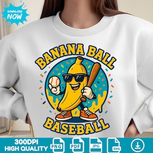Pelota de plátano PNG, béisbol de plátano, fruta PNG, deportes divertidos, plátano de dibujos animados, clipart de béisbol, plátano genial, fruta deportiva, diseño imprimible