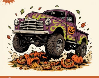 Puede incluir: Un camión monstruo morado con llamas verdes y un gráfico de calabaza en la puerta, pasando sobre calabazas naranjas aplastadas. La ilustración incluye hojas de otoño y un icono con el texto DOWNLOAD NOW.