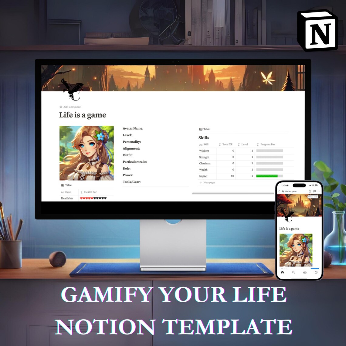 Gamify Your Life Notion Template RPG Life Dashboard (digital Download