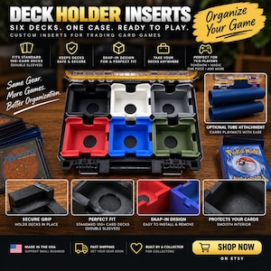 May include: A black carrying case containing six colorful deck holder inserts in red, white, blue, olive green, and grey. The inserts are designed for trading card games, featuring a snap-in design, secure grip, and smooth interior for card protection.