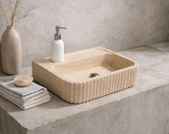 Lavabo de piedra travertino natural hecho a mano – Lavabo rústico tallado para baño – Lavabo de mármol único – Decoración de baño de lujo