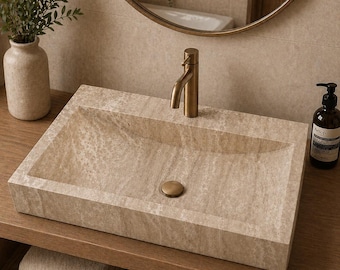 Lavabo de travertino - Lavabo de baño de piedra natural - Lavabo de tocador hecho a mano - Lavabo de tamaño personalizado - Decoración de baño rústica moderna - Tamaño personalizado
