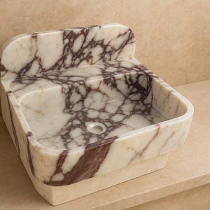 Calacatta Marble Sink with Backsplash, Luxury Stone Vanity Sink, Handmade Bathroom Basin, Custom Size Marble Washbasin,Modern Bathroom Decor