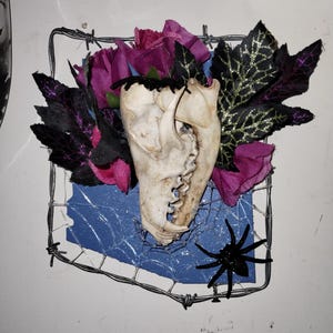 Op de afbeelding: Een macaber kunstwerk met een botten schedel, paarse rozen en zwarte bladeren, tegen een blauwe achtergrond met een draadframe en een zwarte spin. Het kunstwerk is op een witte muur gemonteerd.