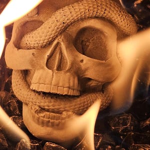 May include: A detailed image of a skull sculpture with a snake wrapped around it. The skull is beige, with the snake in a similar color. Flames surround the skull, and dark rocks are at the base.