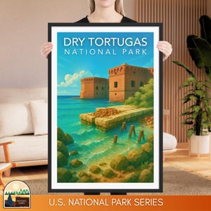 Impresión del Parque Nacional Dry Tortugas / Póster enmarcado de la costa de Florida / Arte de Fort Jefferson estilo WPA / Arte mural de Dry Tortugas / Impresión de viaje por el océano