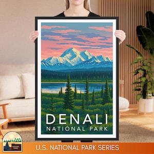 Denali National Park Print | Alaska Mountain Poster | Framed Denali Wall Art | WPA Style National Park Art | Denali Illustration