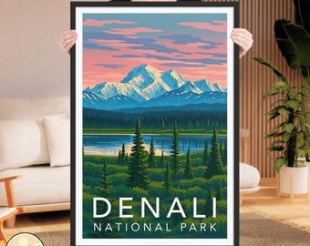 Denali National Park Print | Alaska Mountain Poster | Framed Denali Wall Art | WPA Style National Park Art | Denali Illustration