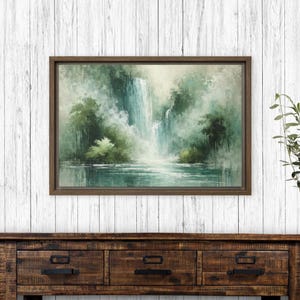 Waterfall Landscape Wall Art | Misty Forest Canvas Print | Serene Nature Painting | Green Waterfall Scene | Tranquil Framed Decor