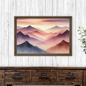 Watercolor Mountain Sunrise Wall Art | Misty Purple Landscape Canvas | Soft Sunset Framed Print | Tranquil Nature Decor for Home